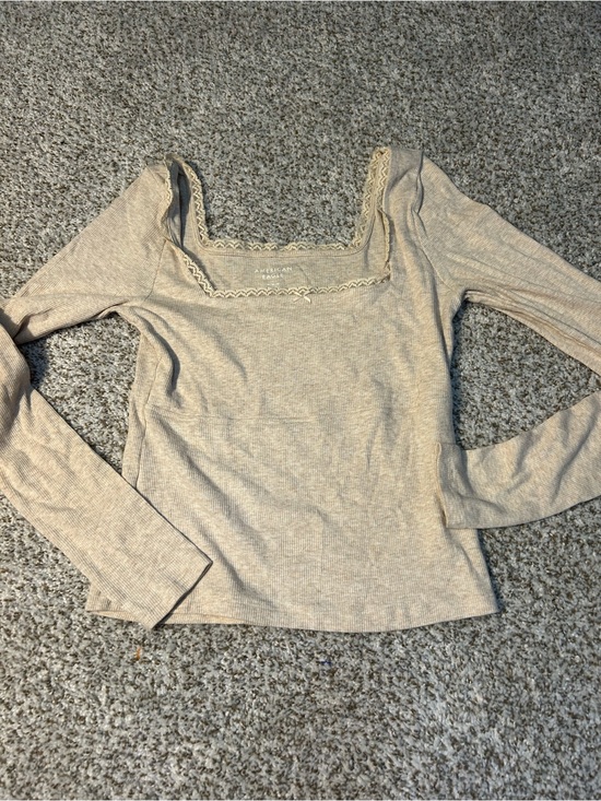 American Eagle Outfitters Tops - American Eagle Outfitters Cream Ribbed Long Sleeve Square Neck Top